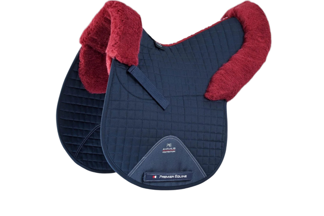 Description:Merino Wool Saddle Pad - GP/Jump Numnah_Colour:Navy/Burgundy Wool_Position:1