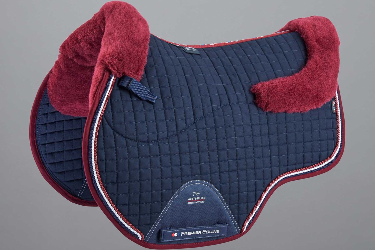 Description:Pony Close Contact Merino Wool Half Lined European GP/ Jump Square_Colour:Navy/Burgundy Wool_Position:1 